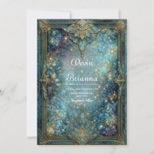 Ornate Teal Galaxy Gold Floral Wedding Invitation