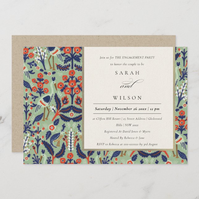 Ornate Teal Navy Classy Floral Peacock Engagement Invitation (Front/Back)