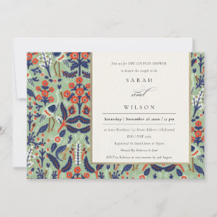 Ornate Teal Navy Floral Peacock Couples Shower Invitation