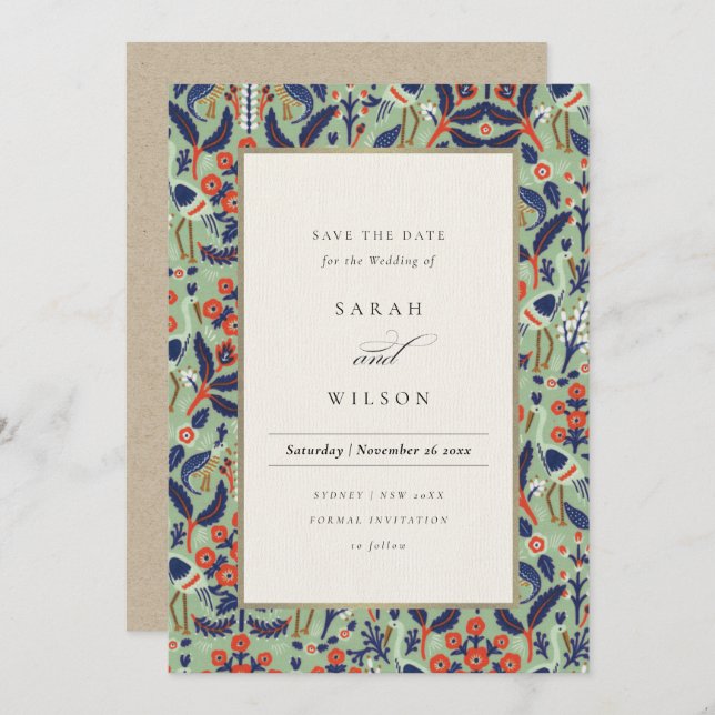 Ornate Teal Navy Floral Peacock Save The Date Invitation (Front/Back)