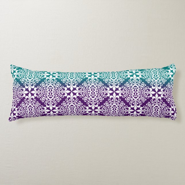 Ornate Teal Purple And White Damask Body Cushion (Front)