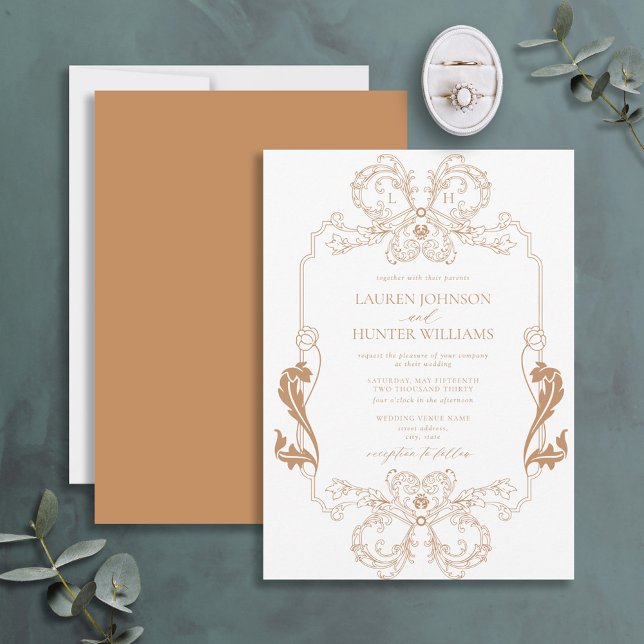 Ornate Terracotta Floral Line Art Monogram Wedding Invitation (Creator Uploaded)