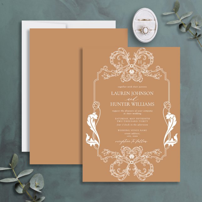 Ornate Terracotta Floral Line Art Monogram Wedding Invitation (Creator Uploaded)