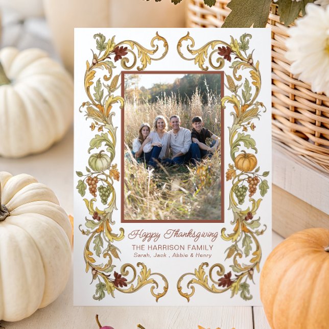 Ornate Thanksgiving Harvest Pumpkin Frame Photo Holiday Card (Creator Uploaded)