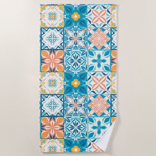 Ornate tiles in blue and orange beach towel (Front)