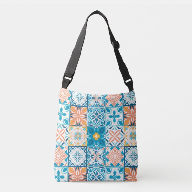 Ornate tiles in blue and orange crossbody bag (Front)