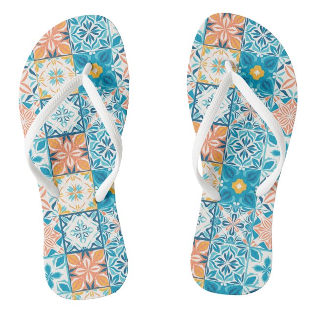 Ornate tiles in blue and orange jandals (Footbed)