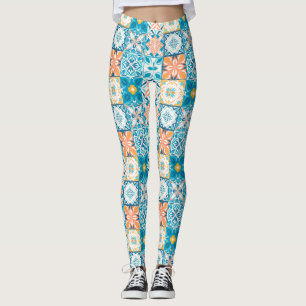 Ornate tiles in blue and orange leggings