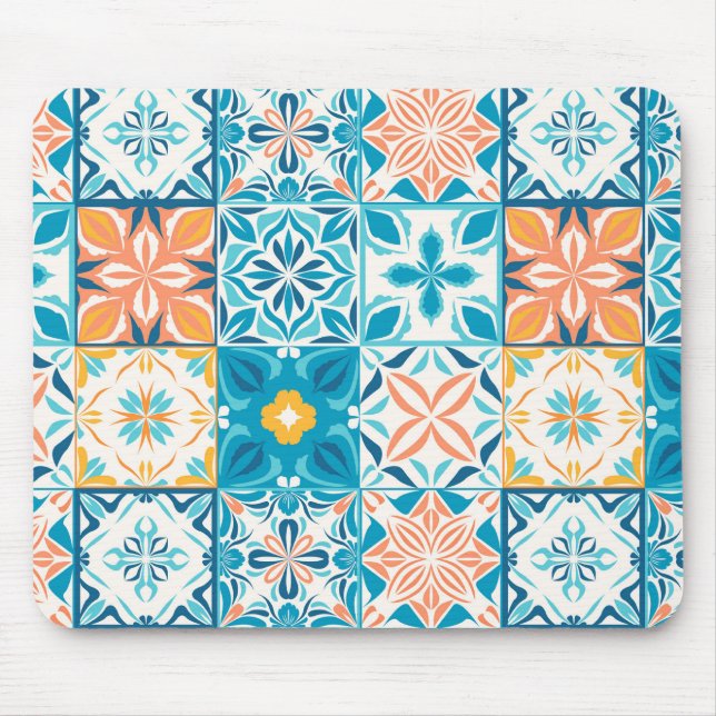 Ornate tiles in blue and orange mouse pad (Front)