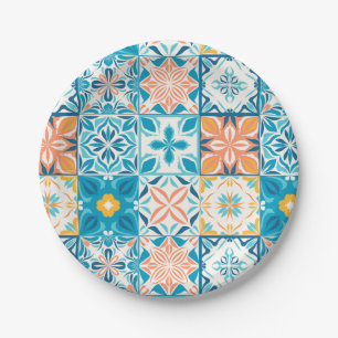 Ornate tiles in blue and orange paper plate