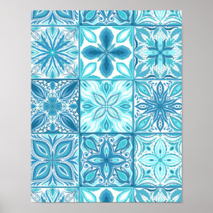 Ornate tiles in blue and orange poster