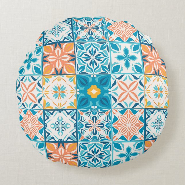 Ornate tiles in blue and orange round cushion (Front)