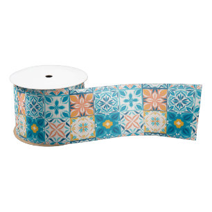 Ornate tiles in blue and orange satin ribbon