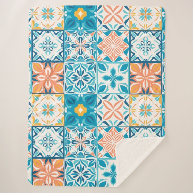 Ornate tiles in blue and orange sherpa blanket (Front)
