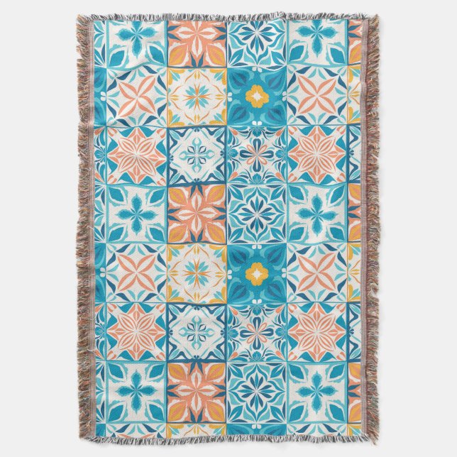 Ornate tiles in blue and orange throw blanket (Front Vertical)