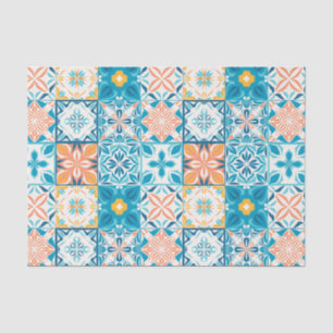 Ornate tiles in blue and orange tissue paper