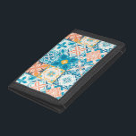 Ornate tiles in blue and orange trifold wallet<br><div class="desc">Hand-drawn colourful tiles,  floral decorative design,  ornate tiles</div>
