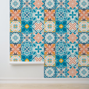 Ornate tiles in blue and orange wallpaper