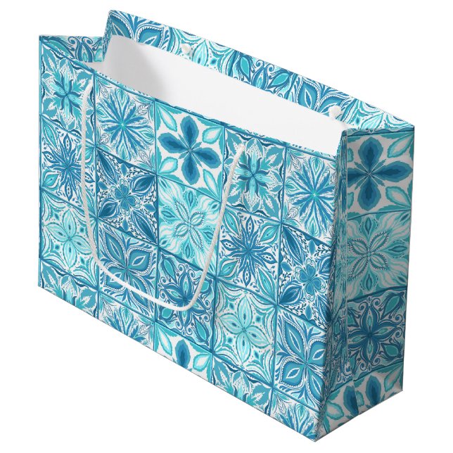 Ornate tiles in blue and white large gift bag (Front Angled)