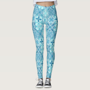 Ornate tiles in blue and white leggings