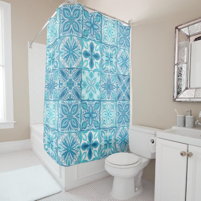 Ornate tiles in blue and white shower curtain (In Situ)