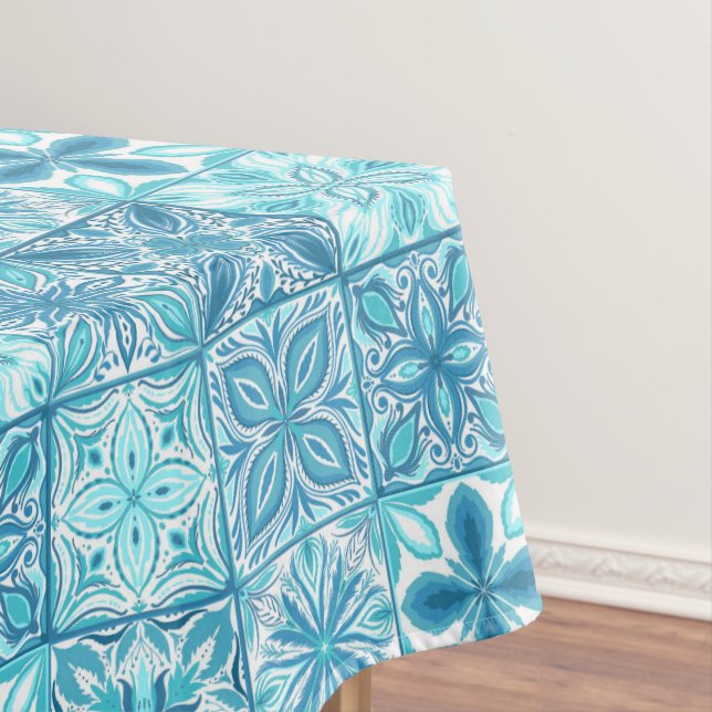 Ornate tiles in blue and white tablecloth (In Situ)