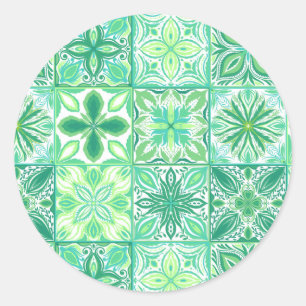Ornate tiles in green and white classic round sticker