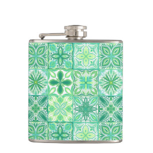 Ornate tiles in green and white hip flask