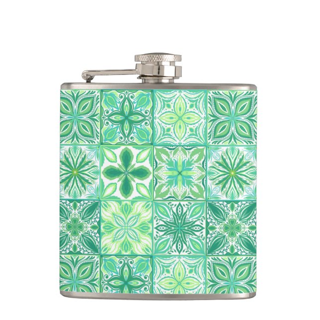 Ornate tiles in green and white hip flask (Front)