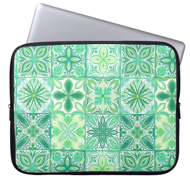 Ornate tiles in green and white laptop sleeve (Front)