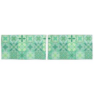 Ornate tiles in green and white pillowcase