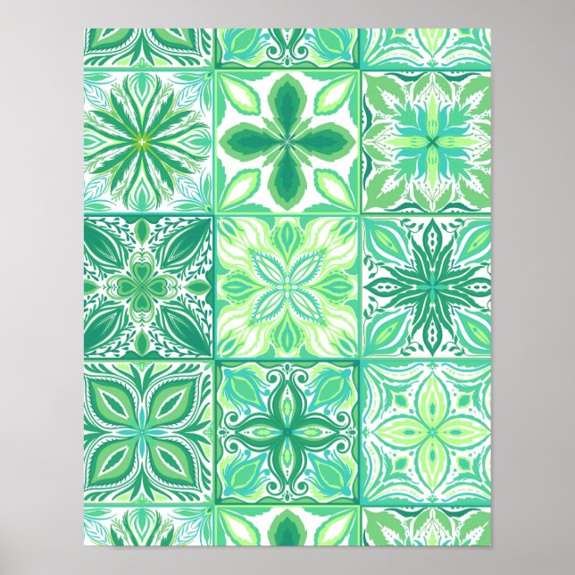 Ornate tiles in green and white poster (Front)