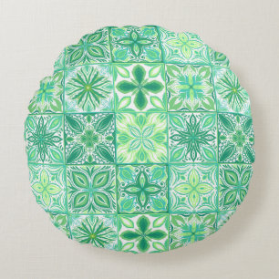 Ornate tiles in green and white round cushion