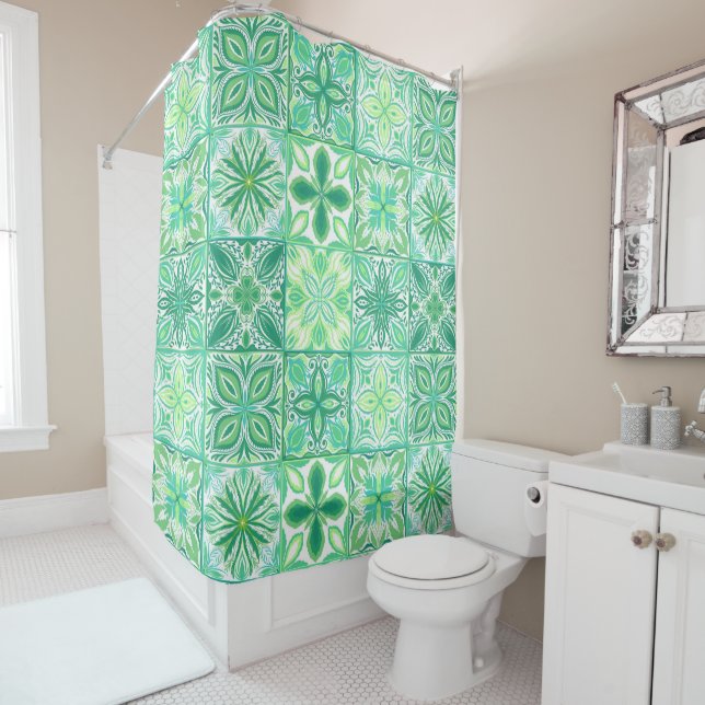 Ornate tiles in green and white shower curtain (In Situ)