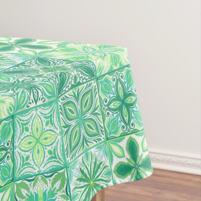 Ornate tiles in green and white tablecloth (In Situ)