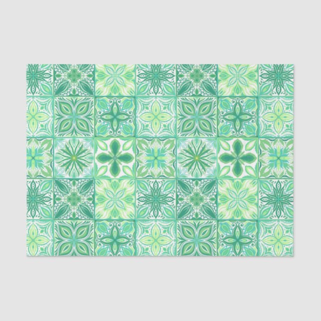 Ornate tiles in green and white tissue paper (Front)