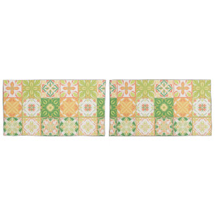 Ornate tiles in green and yellow pillowcase