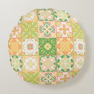 Ornate tiles in green and yellow round cushion
