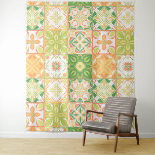 Ornate tiles in green and yellow tapestry