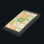 Ornate tiles in green and yellow trifold wallet<br><div class="desc">Hand-drawn colourful tiles,  floral decorative design,  ornate tiles</div>