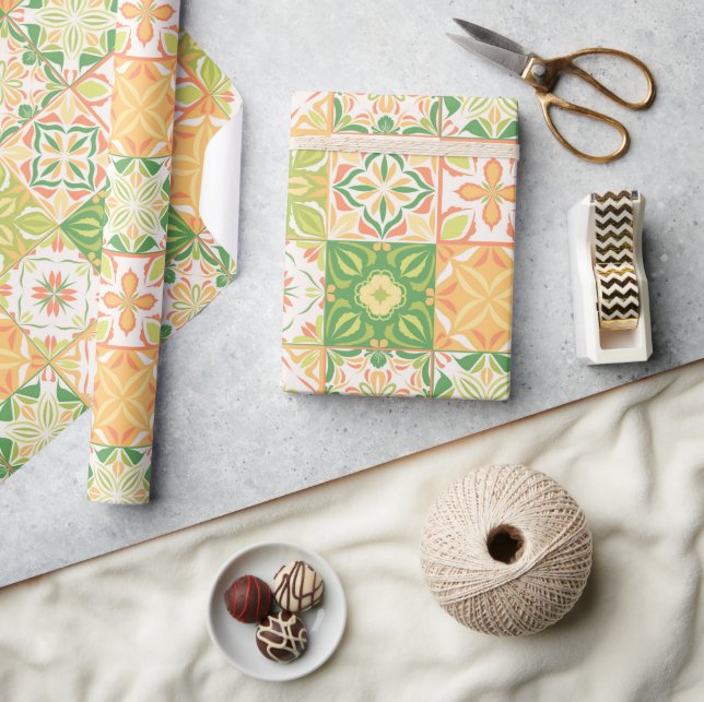 Ornate tiles in green and yellow wrapping paper (Crafts)