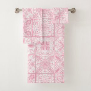 Ornate tiles in pink bath towel set