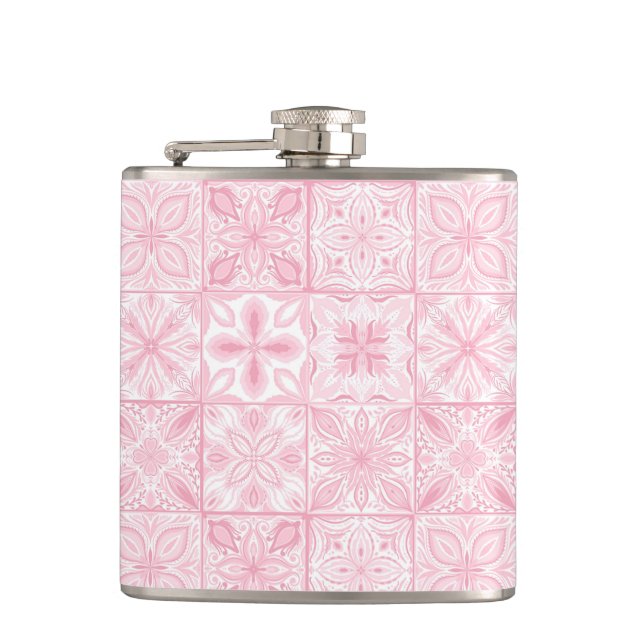 Ornate tiles in pink  hip flask (Front)