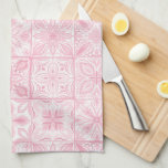 Ornate tiles in pink  tea towel<br><div class="desc">Hand-painted various ornate tiles with floral elements</div>