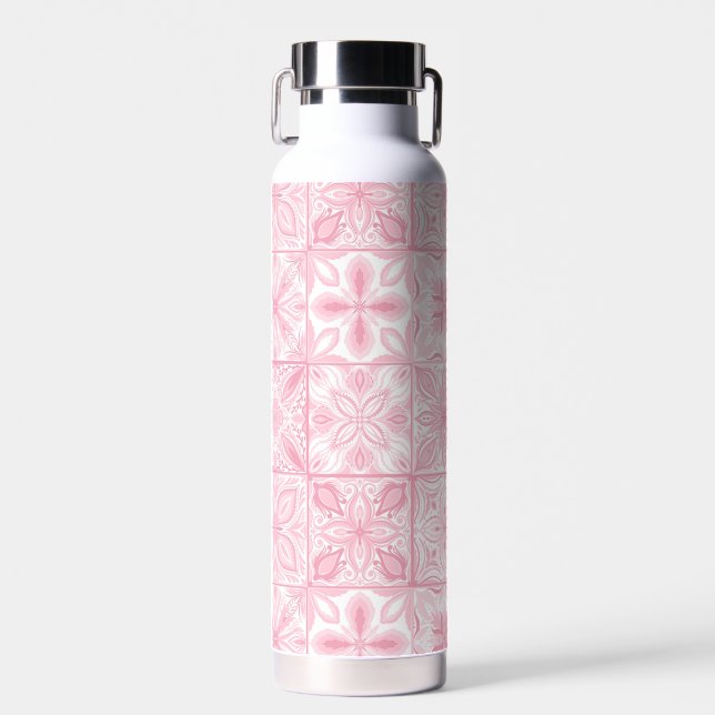 Ornate tiles in pink  water bottle (Front)