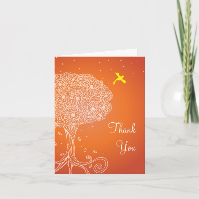 Ornate Tree of Life Orange Bat Mitzvah Thank You Card (Front)
