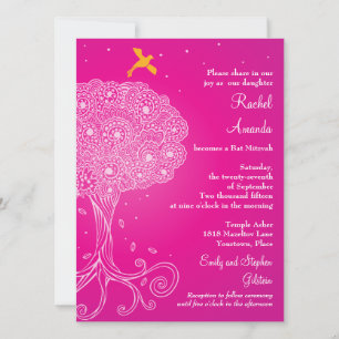 Ornate Tree of Life Pink Bat Mitzvah Invitation