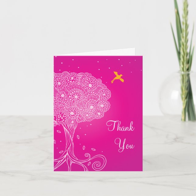 Ornate Tree of Life Pink Bat Mitzvah Thank You Card (Front)