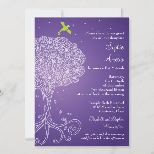 Ornate Tree of Life Purple Bat Mitzvah Invitation (Front)