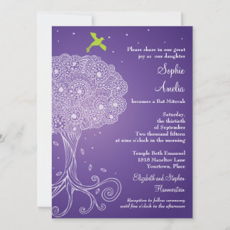 Ornate Tree of Life Purple Bat Mitzvah Invitation
